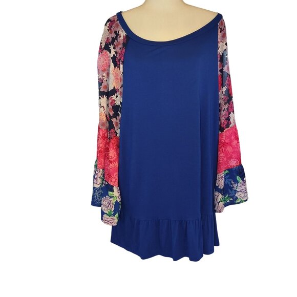 The Pioneer Woman Womens Blue Tunic W/Floral Bell Sleeves & Ruffle Hem Size 4XL - Picture 1 of 4